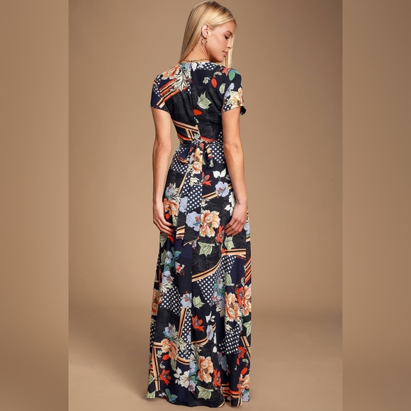 Aleta Navy Blue Print Short Sleeve Surplice Maxi Dress - Picture 2 of 13